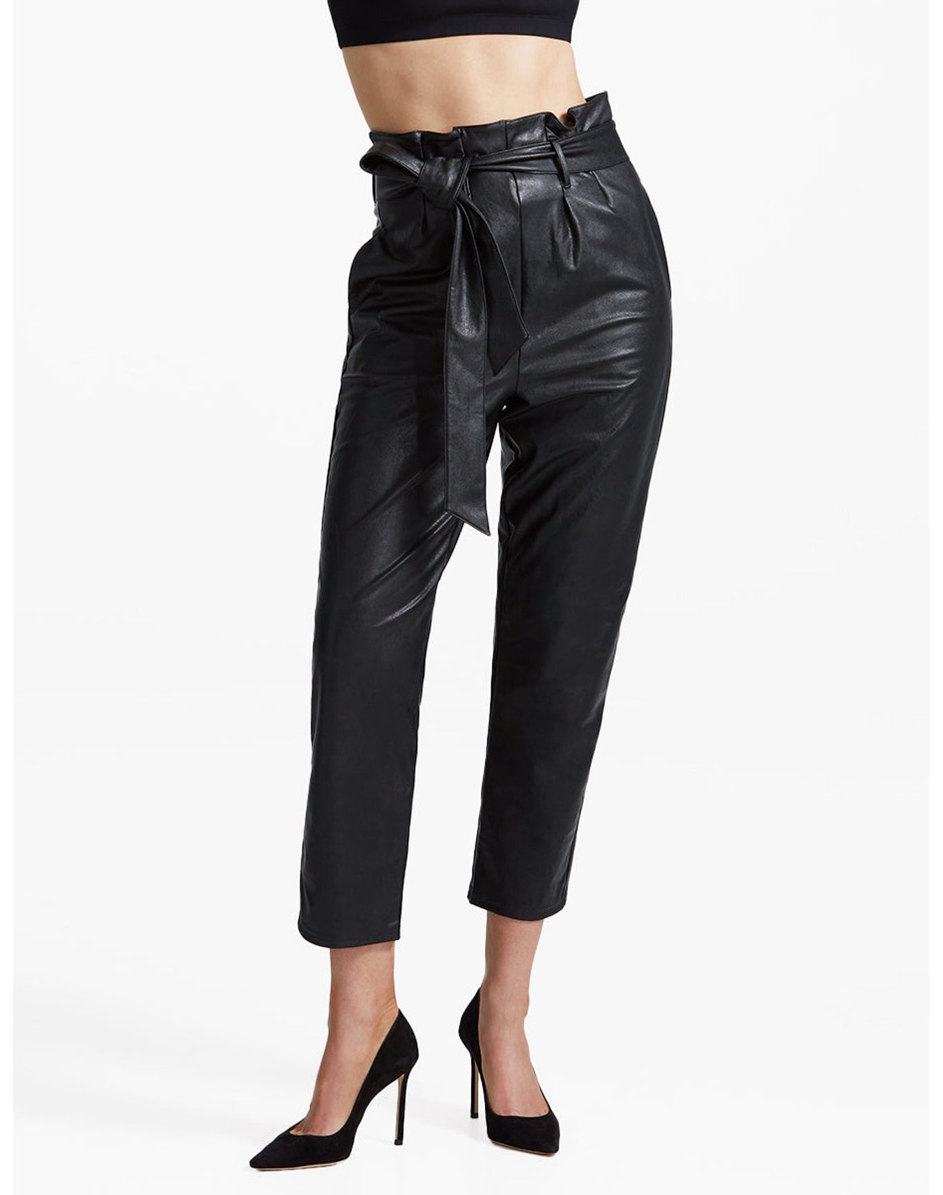 Faux Leather Paperbag Pants | Black