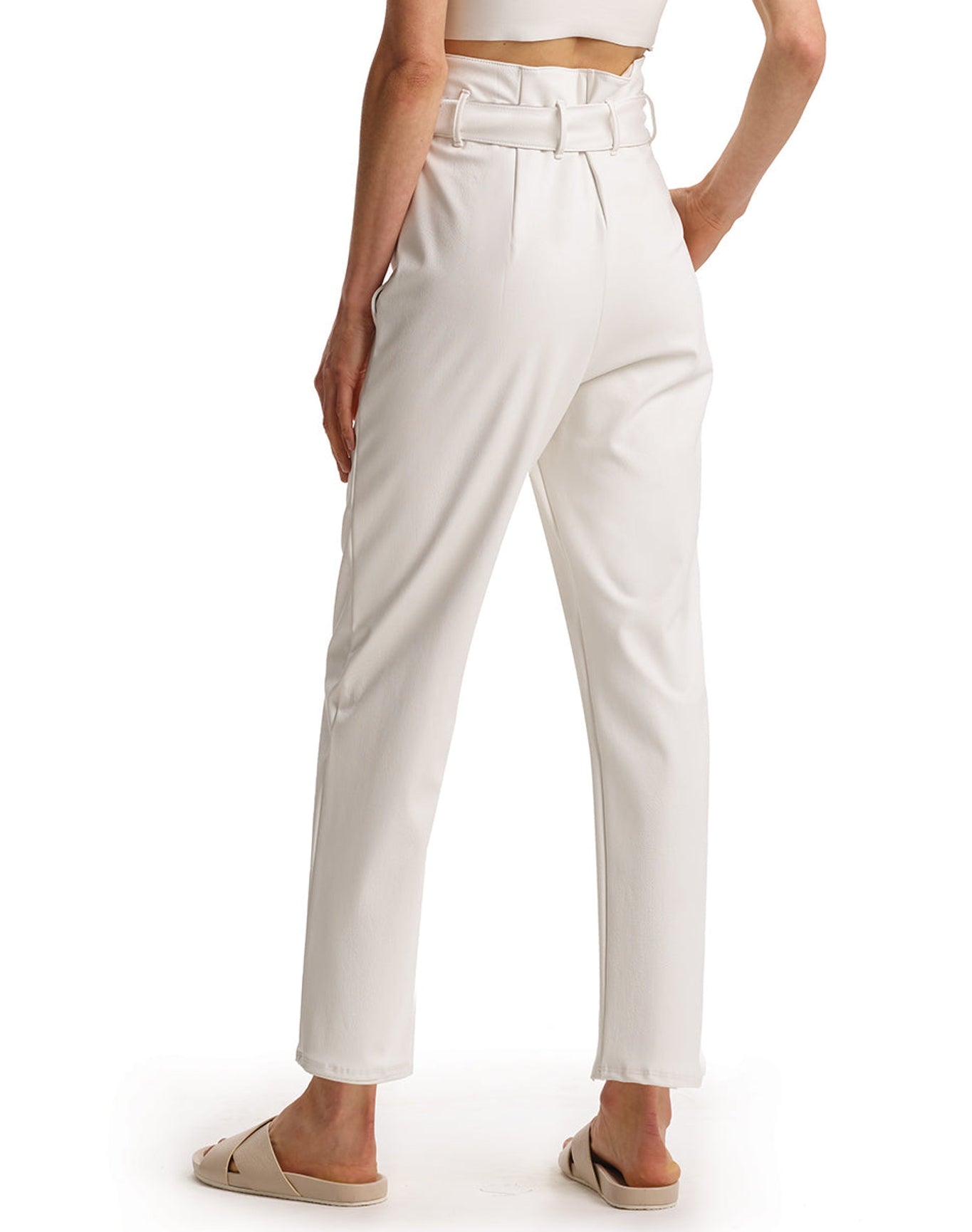 Faux Leather Paperbag Pants | White