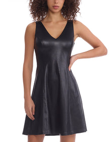 Faux Leather V-Neck Founder Dress | Black