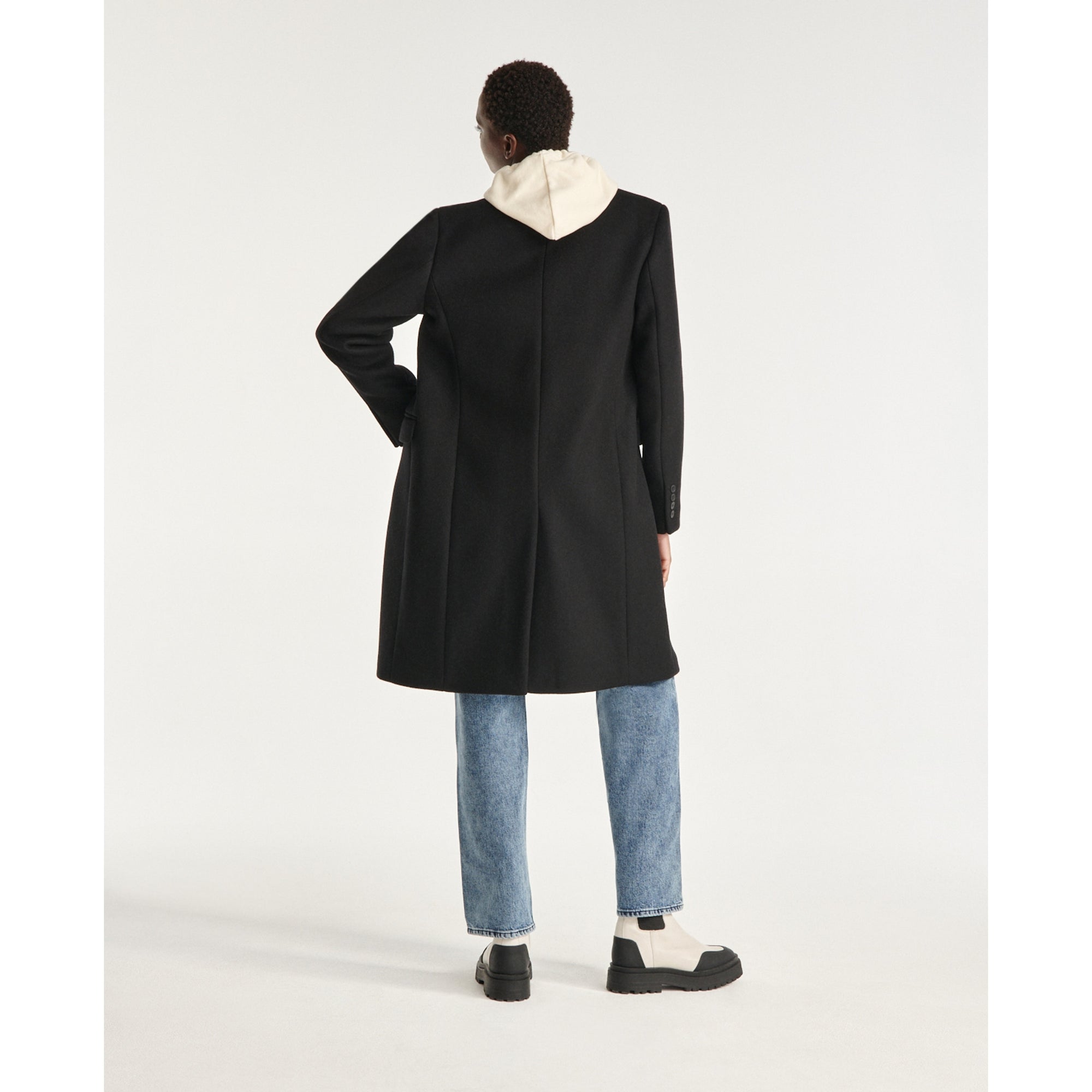 Fitted Wool Coat With Leather Detail | Women | Black