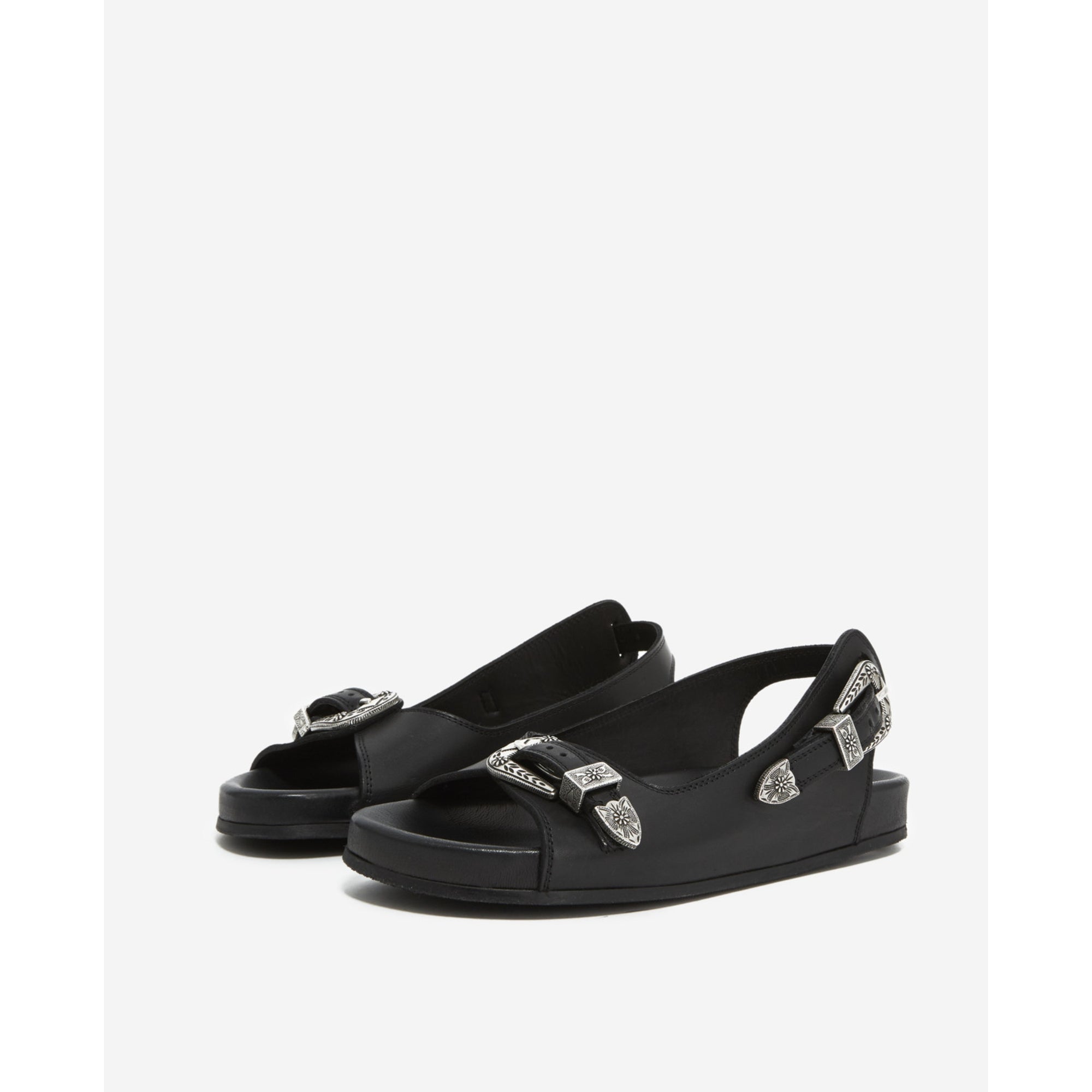 Flat Leather Sandals With Western Details | Women | Black