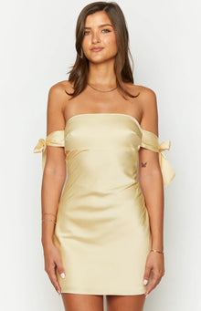 Fleur Satin Bow Off Shoulder Mini Dress | Yellow