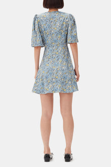 Floral Printed Crinkled Satin Mini Wrap Dress | Dusty Blue