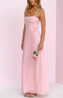 Beginning Boutique Flossie Pink Maxi Sleeveless Dress pink square neck ruched maxi dress with spaghetti straps and tie-side waist