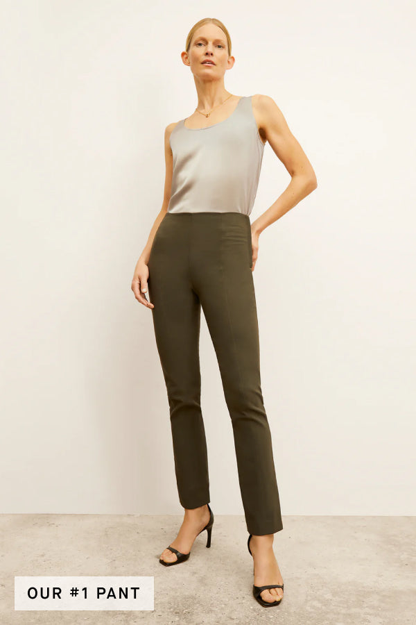 front image of woman wearing foster pant in dark olive | Exclude