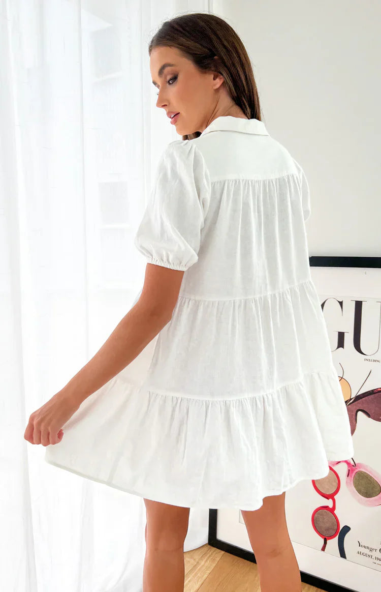 Frances Linen Tiered Dress | White