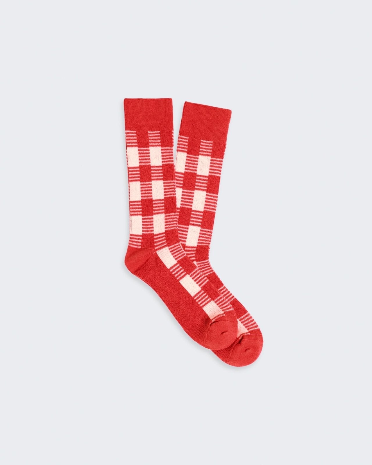 Gingham Socks - Cherry/Cream red and cream two-color jacquard gingham silk linen blend womenâ€™s socks.