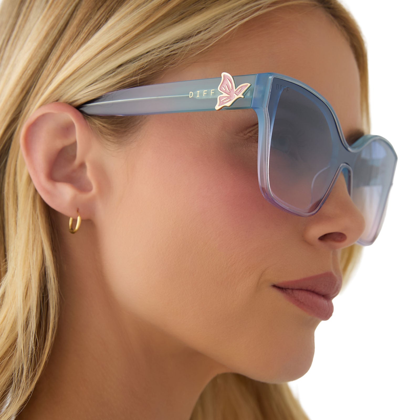 Womens | Glinda Upland Butterfly Sunglasses | Iridescent Pastel Blue | Lavender/Opalescent Gradient Pink Lenses