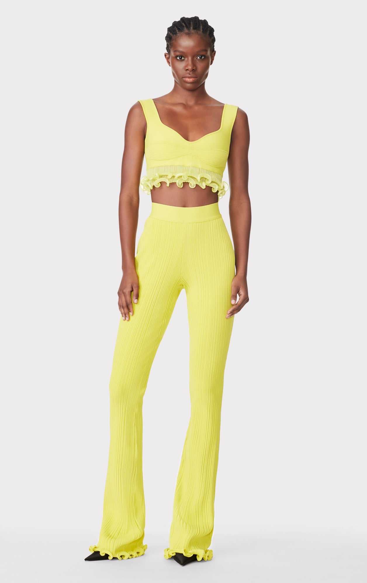 Ribbed Pants W/ Ruffled Hem | Chartreuse