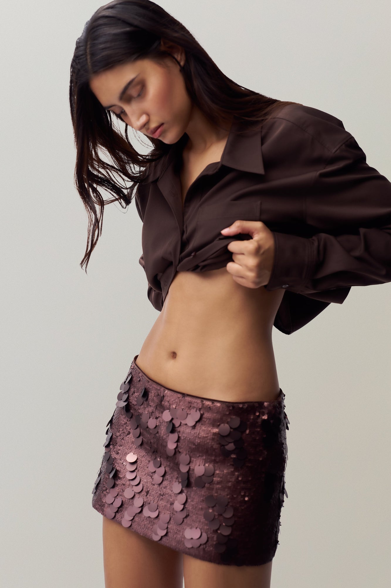 Womens | Low Rise Paillette Skirt | Chocolate Brown