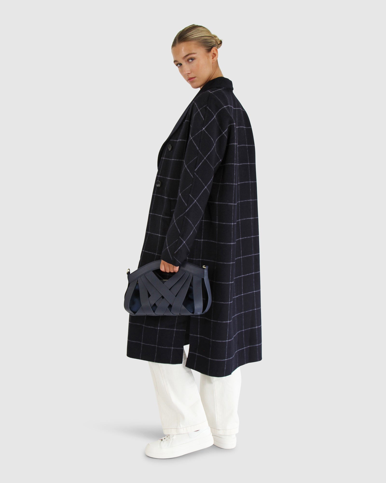 Women | Guestlist Wool Blend Oversized Double Breasted Coat | Navy Plaid