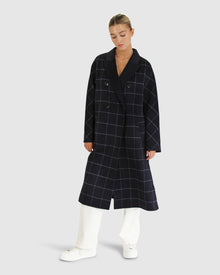 Women | Guestlist Wool Blend Oversized Double Breasted Coat | Navy Plaid