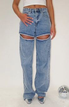 Gem Diamante Trim Wide Leg Jeans | Denim