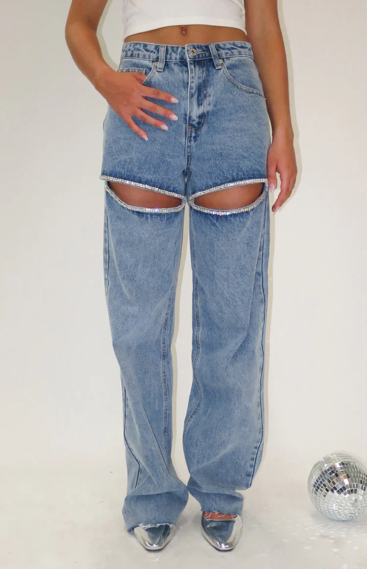 Gem Diamante Trim Wide Leg Jeans | Denim
