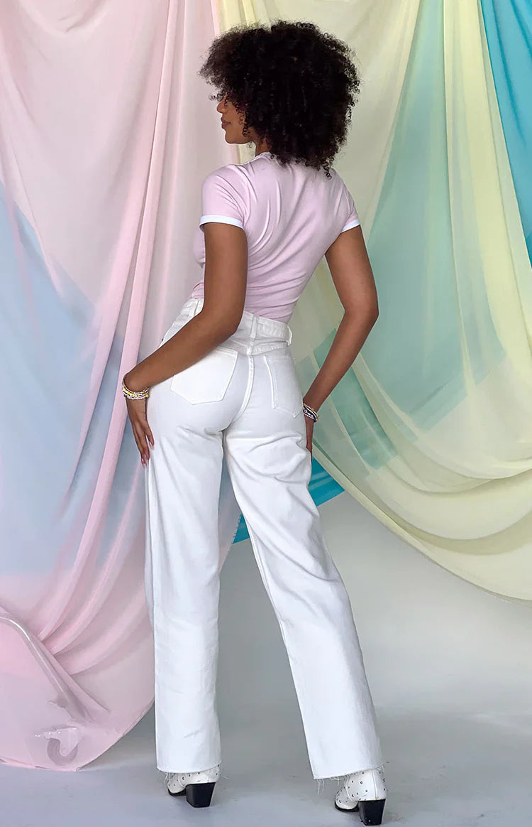 Gem Diamante Trim Wide Leg Denim Jeans | White