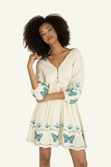 Gia Dress | Antique Creme x Multi Blue Embroidery