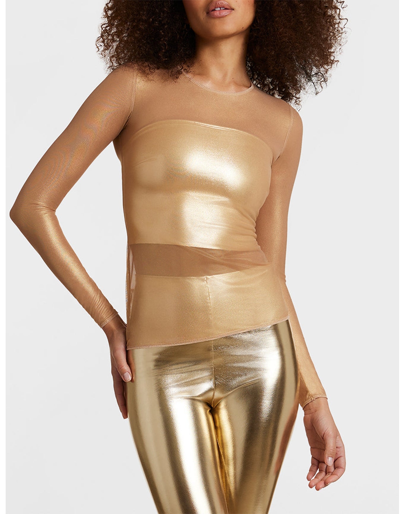 Gilded Chic Mesh Long Sleeve Top | Gold