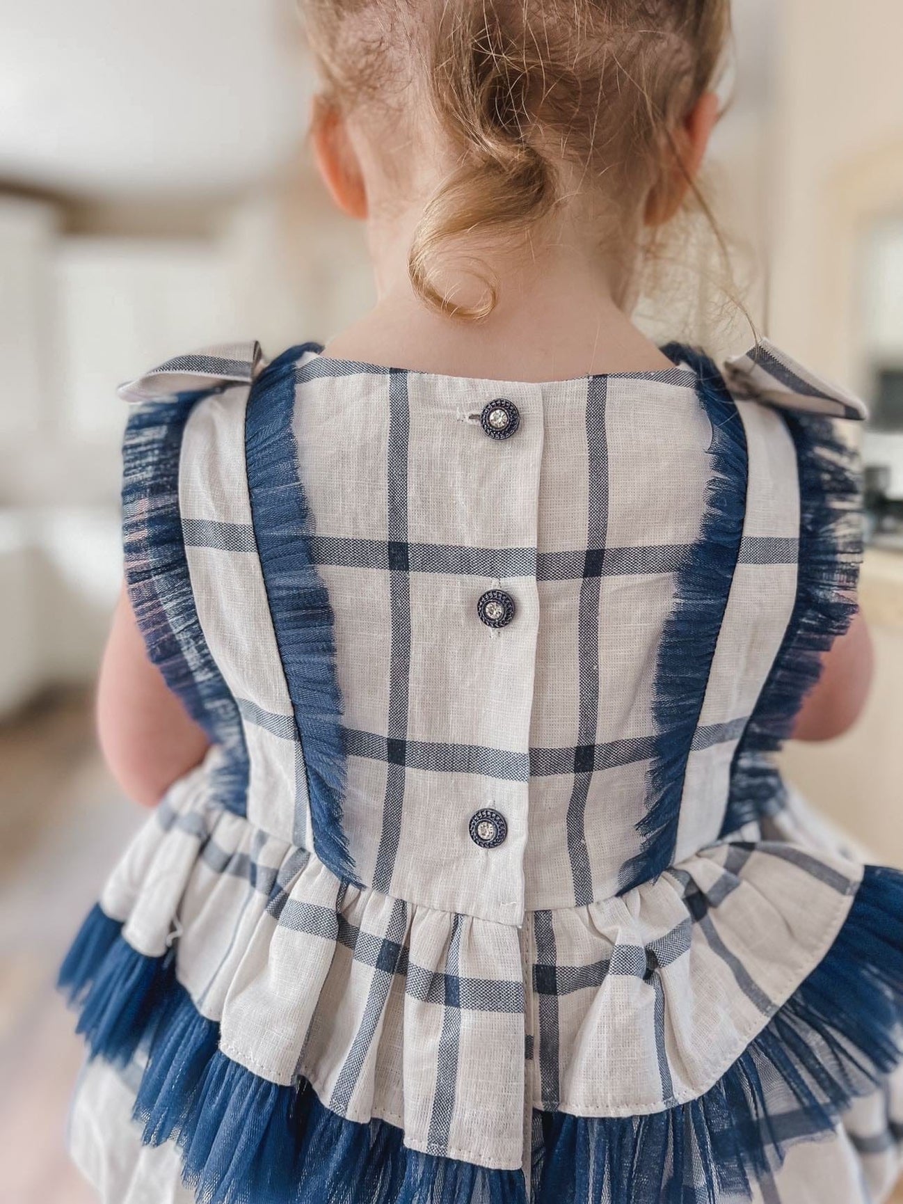 Girl | Checkered Linen Ruffle Romper | White x Navy