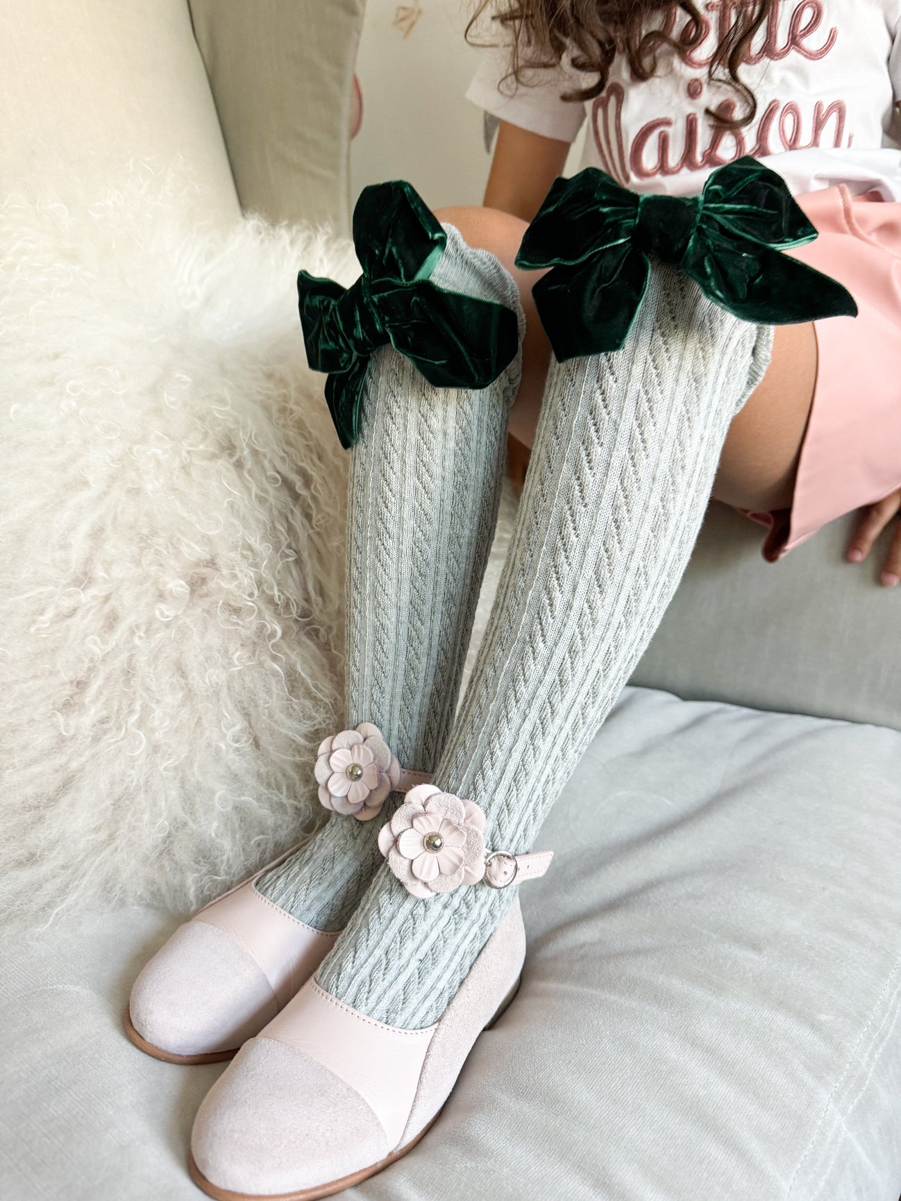 Girl | Grey Knee High Socks with Velvet Bows Royal | Gray x Green