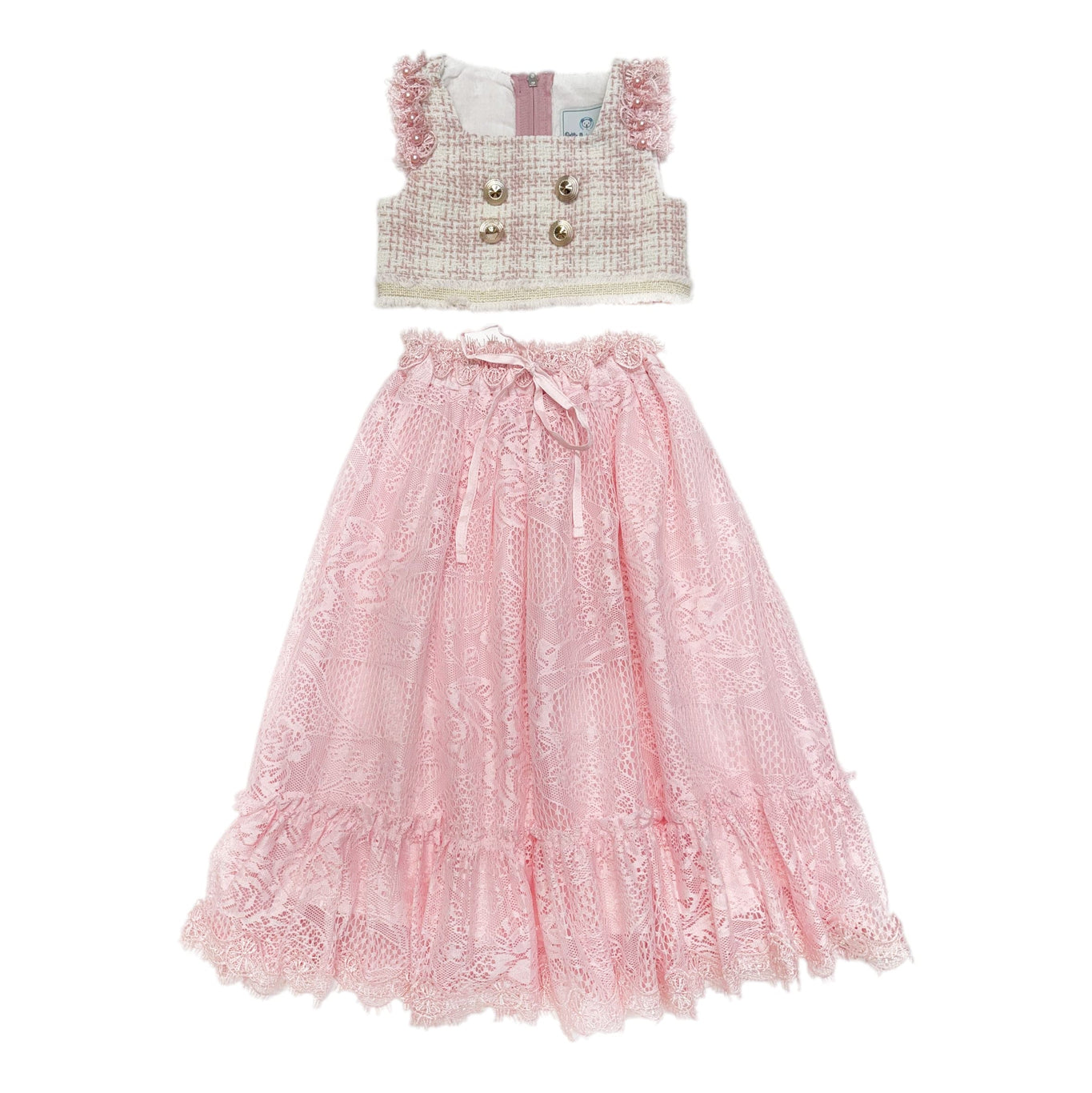 Girl | Molly Tweed Top and Lace Skirt Set | Pink