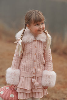 Girl | Pink Cableknit Faux Fur Cotton Cardigan