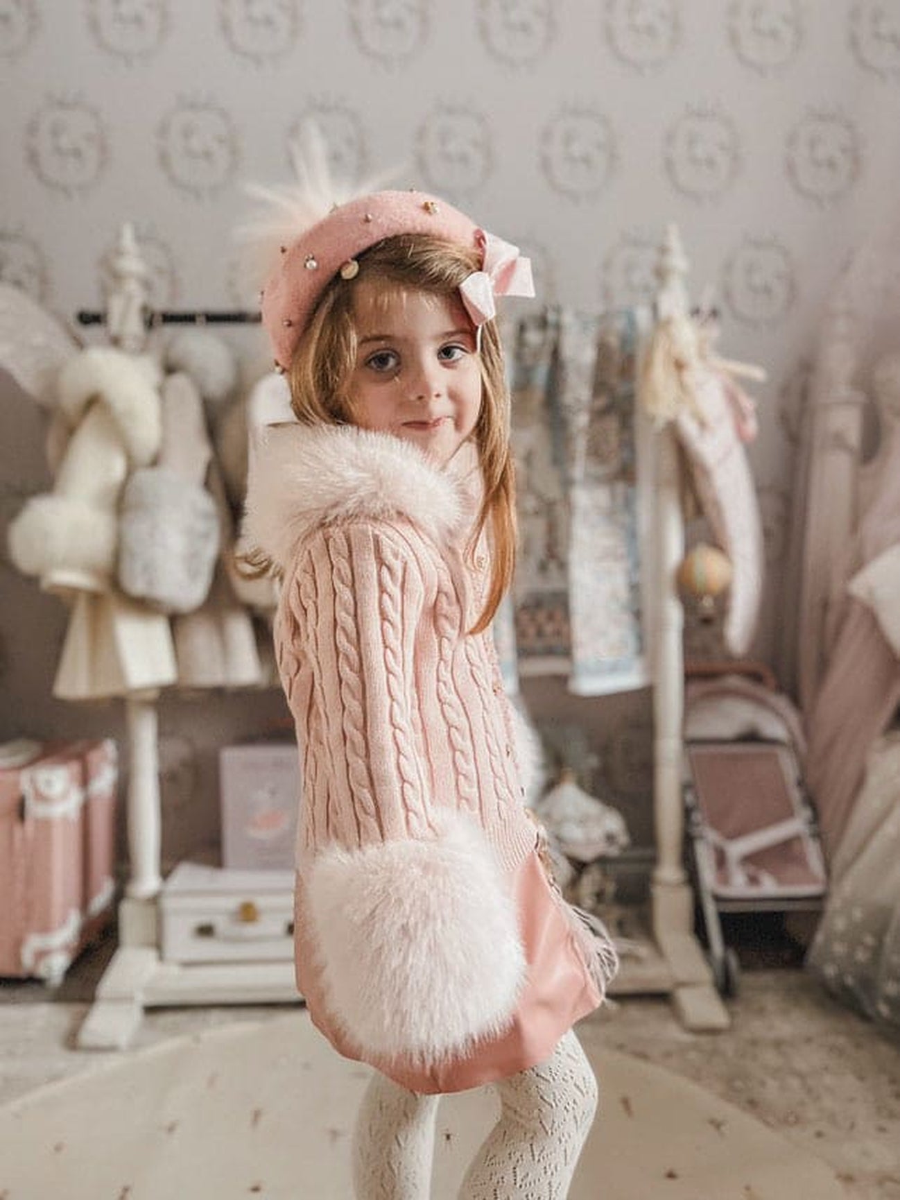 Girl | Pink Cableknit Faux Fur Cotton Cardigan