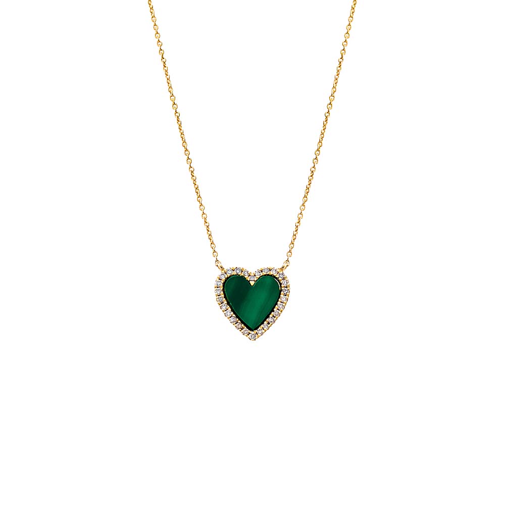 Malachite Pave Diamond Colored Stone Heart Necklace 14K - Adina's Jewels