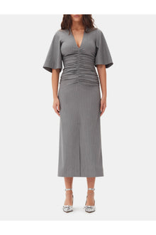 Grey Striped Suiting V neck Fitted Dress | Mirage Gray