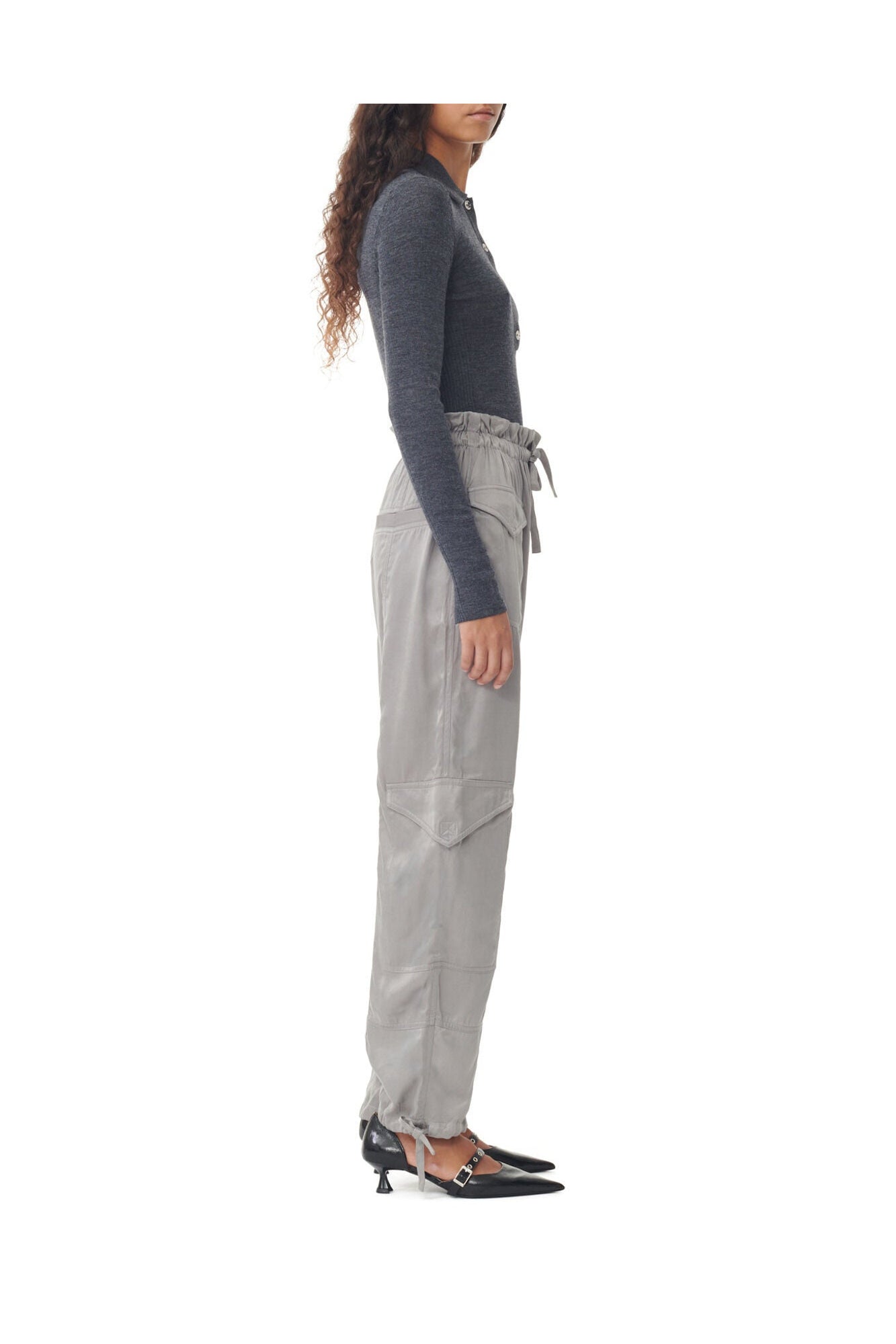 Grey Washed Satin Trousers | Frost Gray