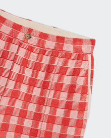 Gingham Bermuda Short - Cherry Combo with pintuck details, button closure, side pockets, and red cherry gingham pattern.