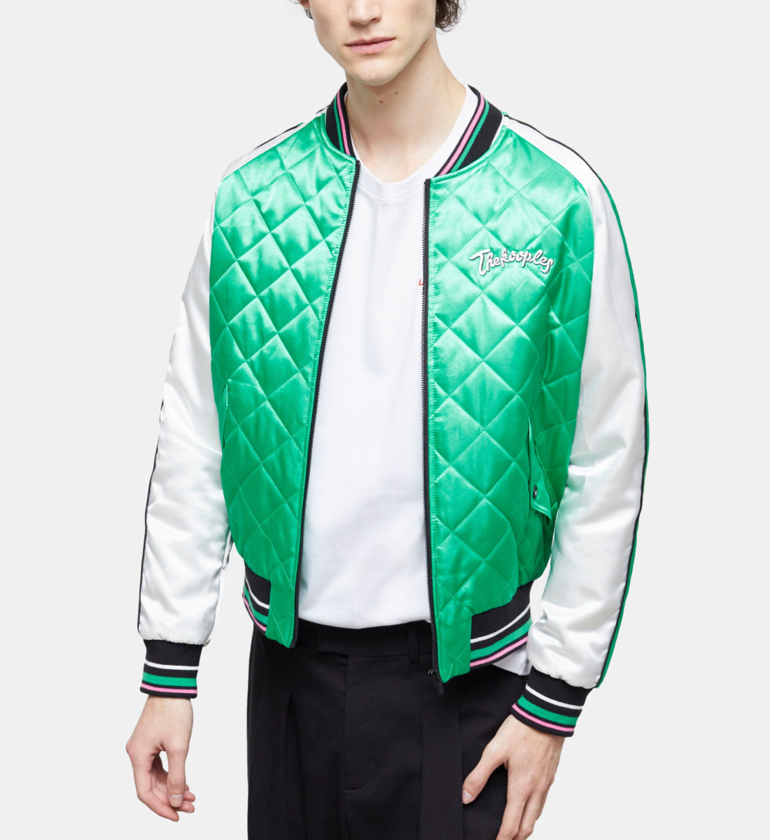 Two-Tone Satin Teddy Jacket With Embroidery | Men | Green x White