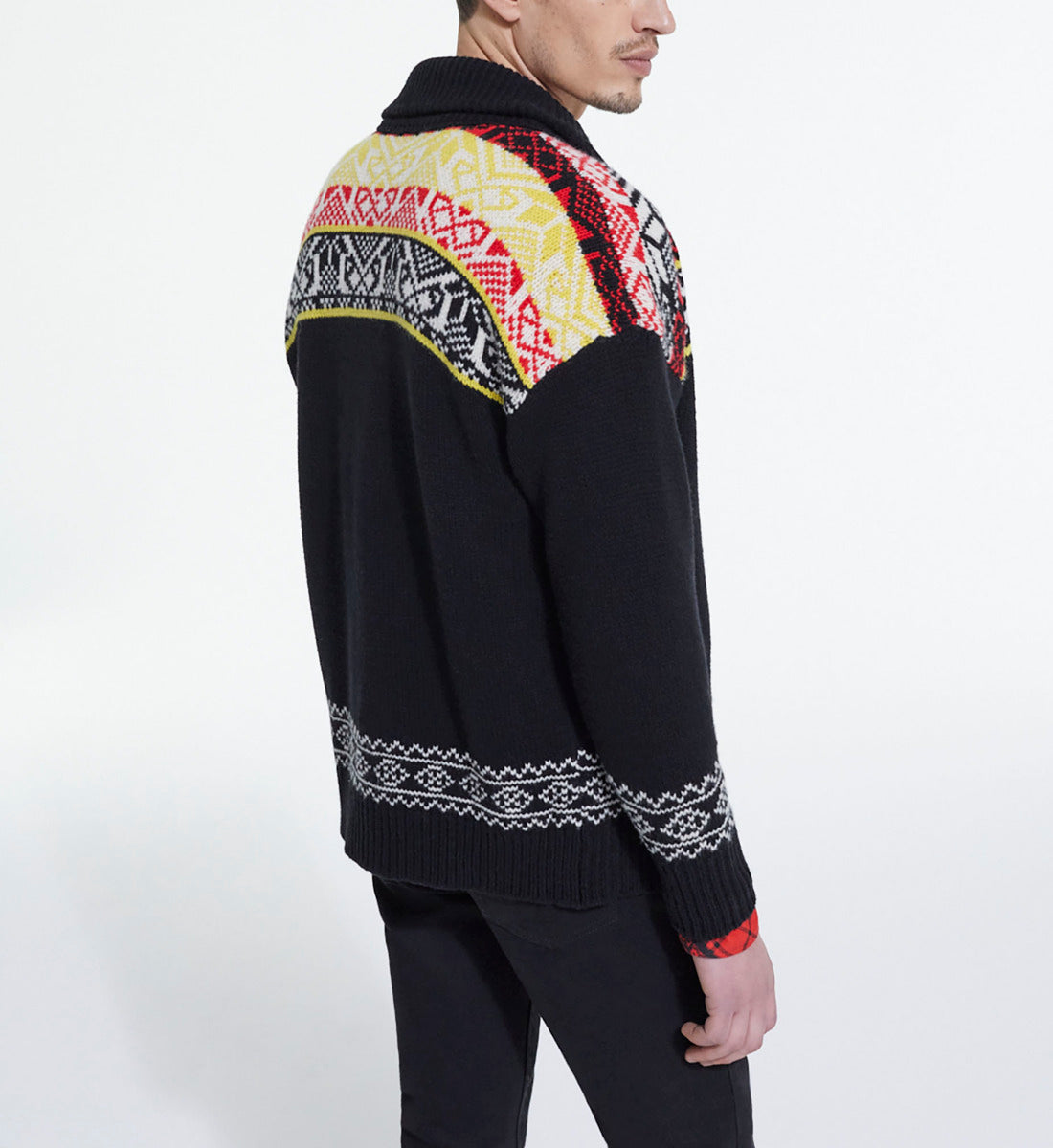 Patterned Wool Cardigan | Men | Black x Red x Yellow