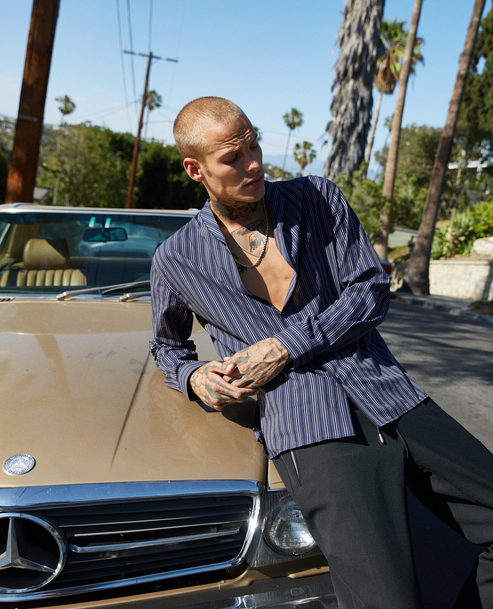 Relaxed-Fit Striped Shirt With Shawl Collar | Men | Navy x Beige