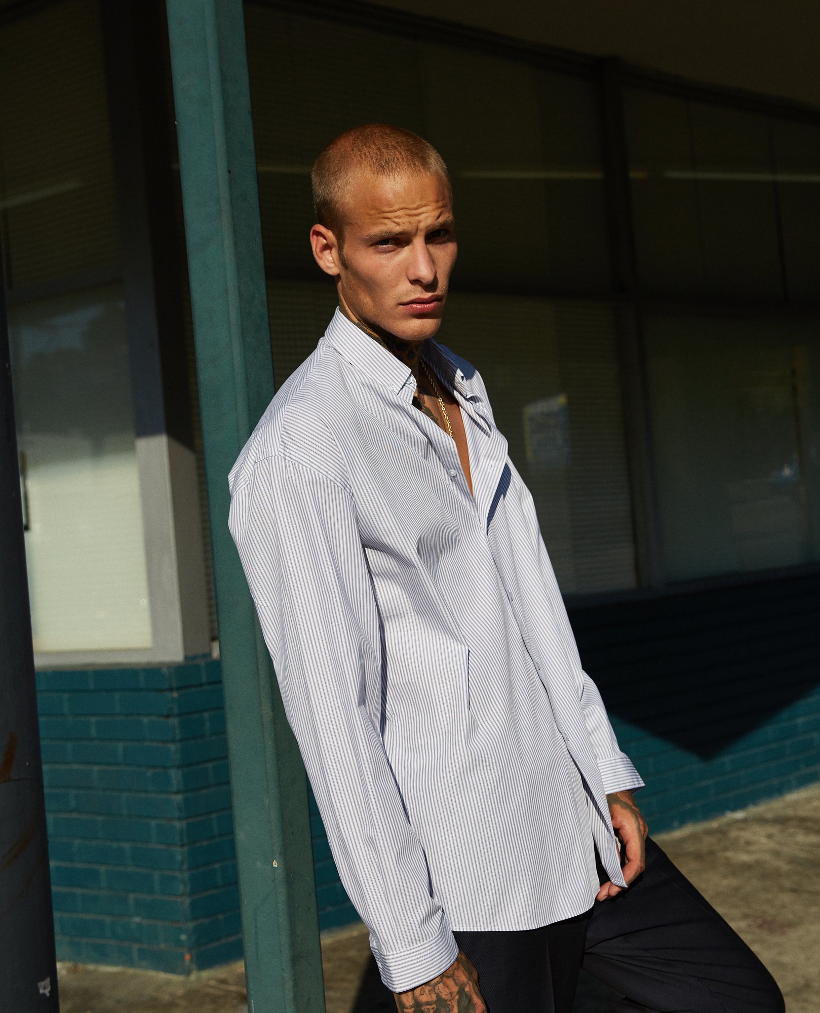 Oversized Blue And Striped Cotton Shirt | Men | Black x White