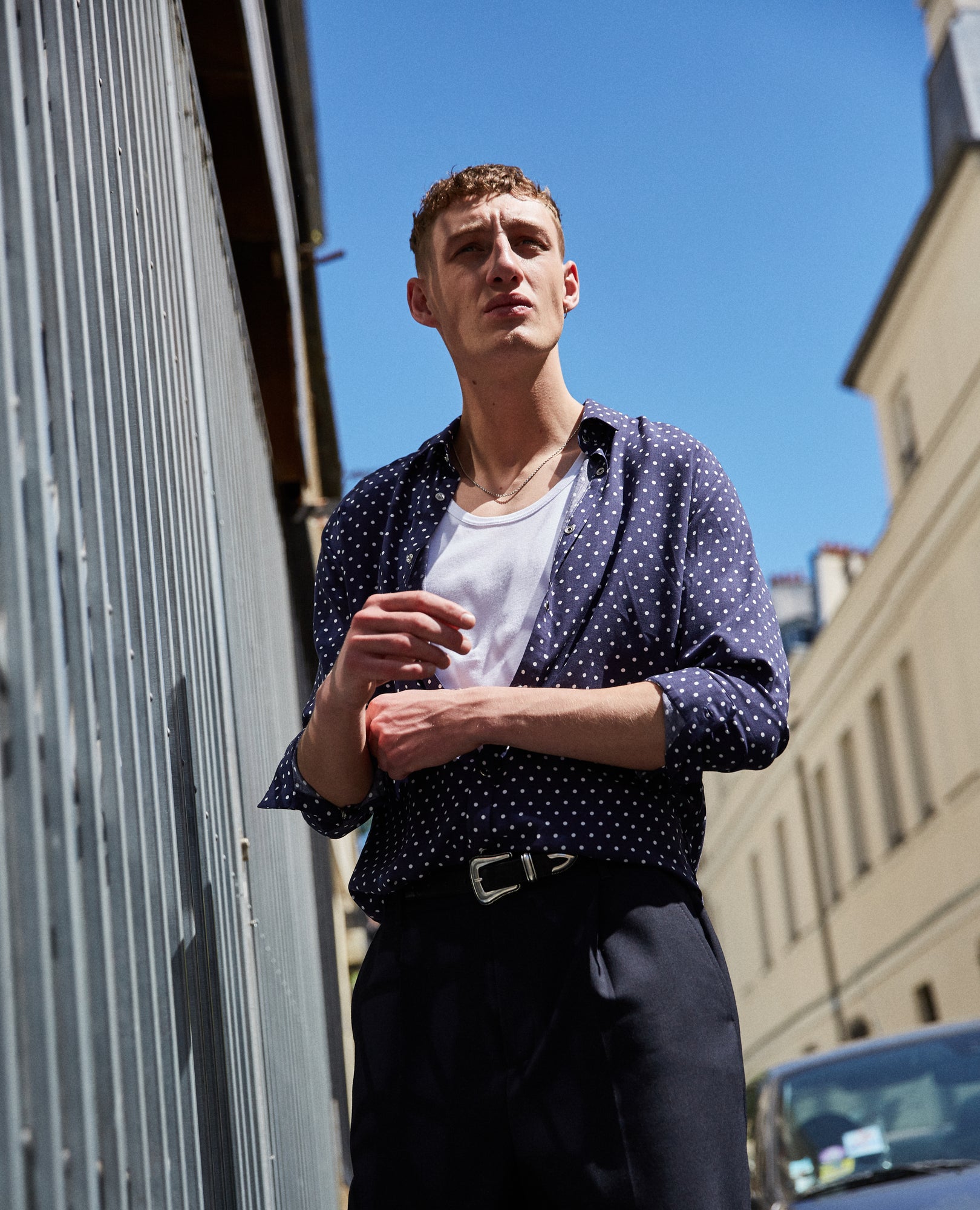 Classic Collar Polka Dot Printed Blue Shirt | Men | Navy x Offwhite