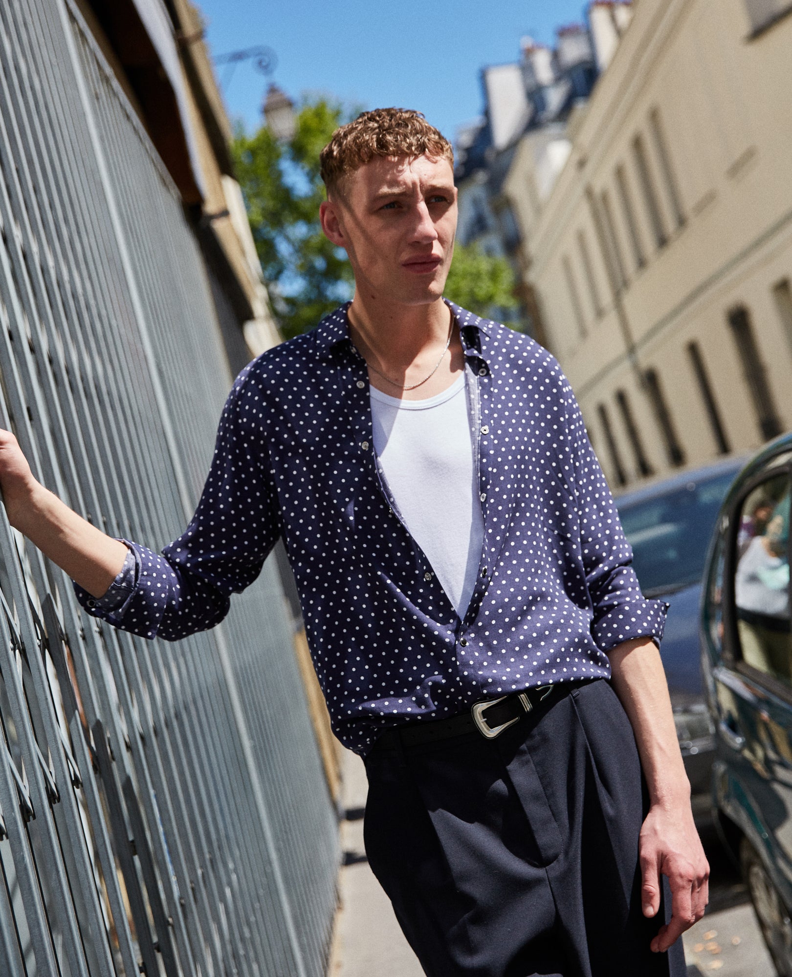 Classic Collar Polka Dot Printed Blue Shirt | Men | Navy x Offwhite