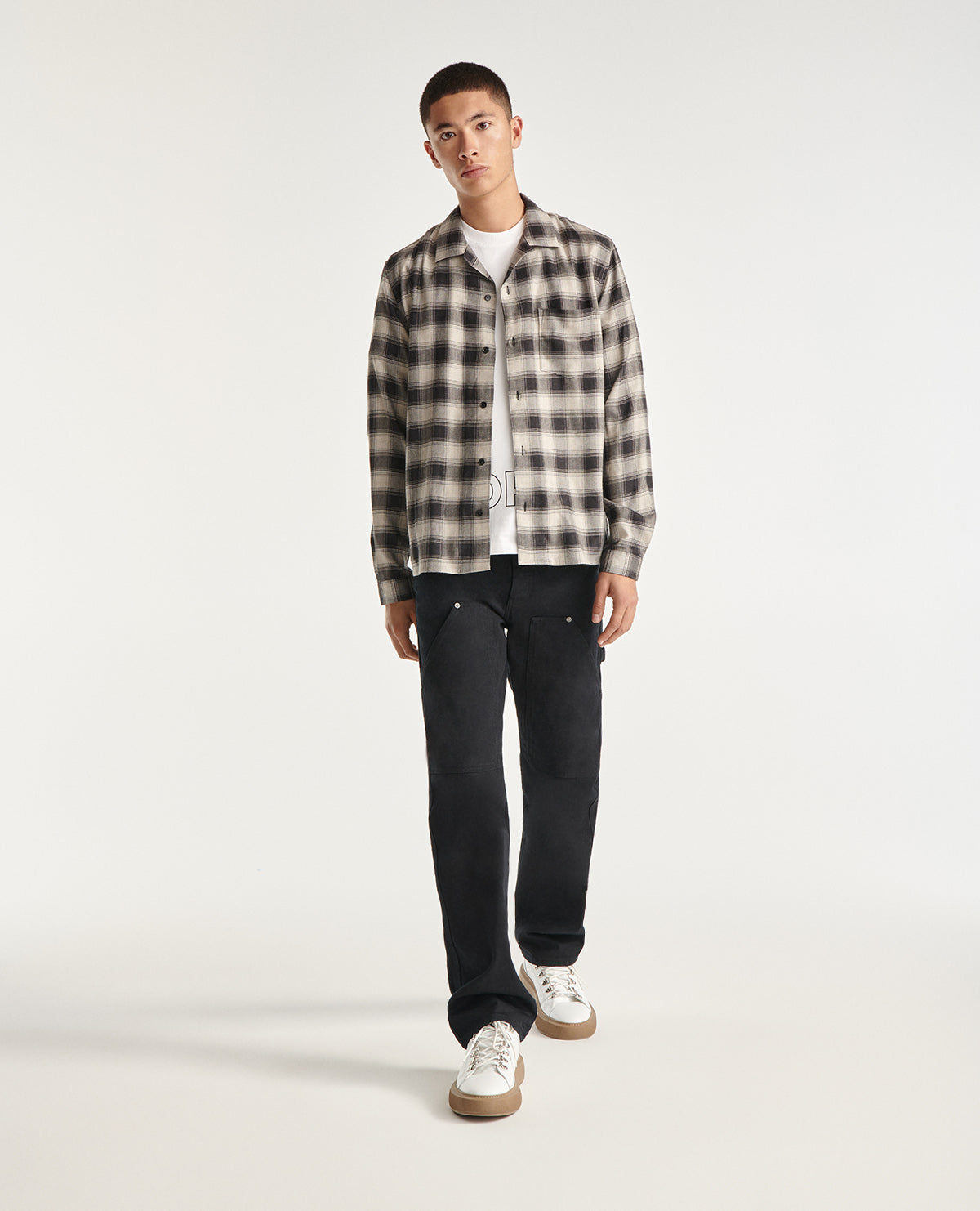 Gray Flowing Shirt With Black Check Motif | Men | Dark Grey Light Grey