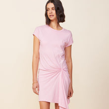 Front view of model wearing the tucked front tee shirt dress in bubblegum.