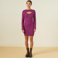 Front view of model wearing the supersoft sweater knit cut out dress in raspberry rose.