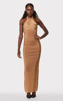 Ribbon Embroidered Halter Gown | Honey