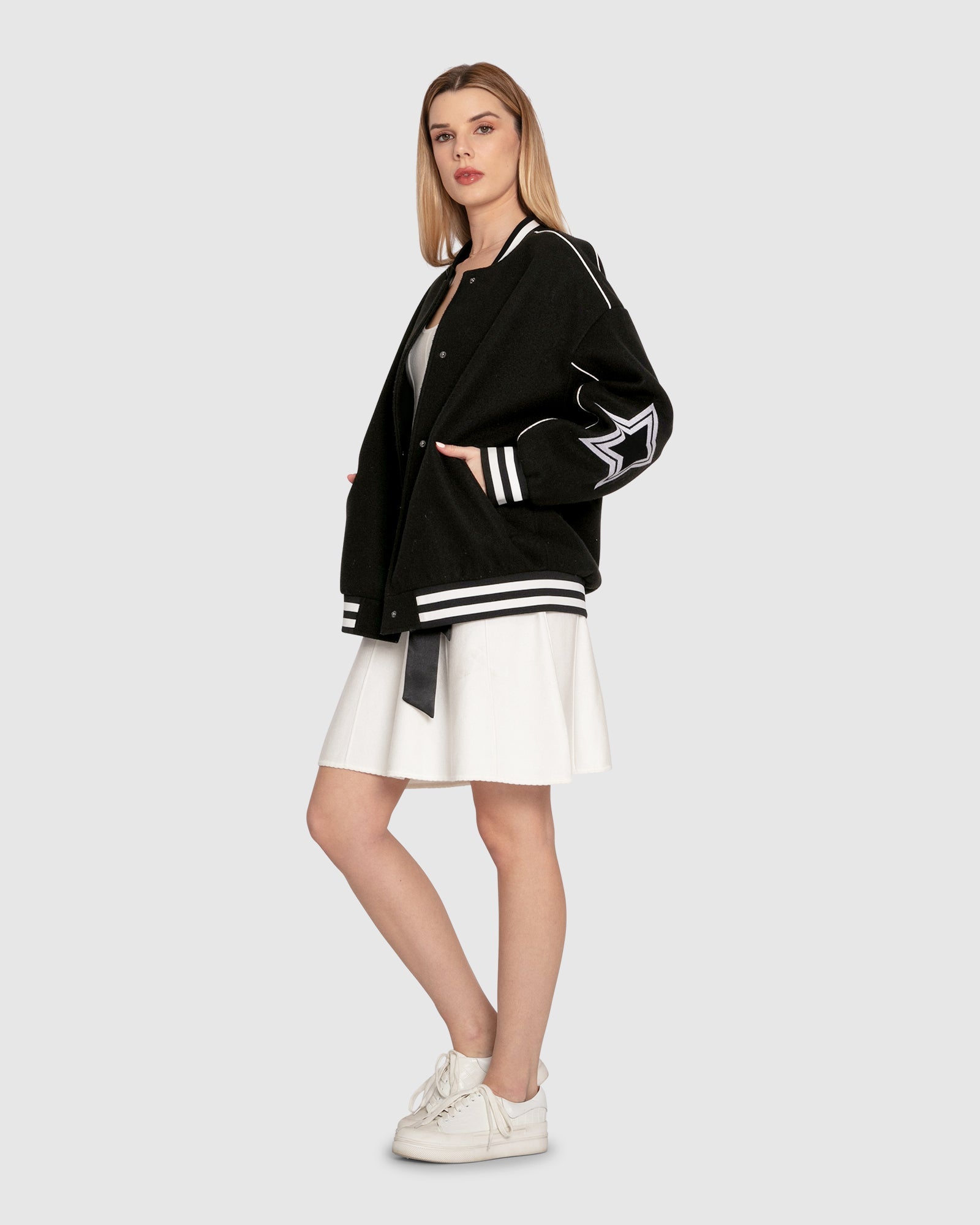 Women | Hold Me Close Letterman Bomber | Black