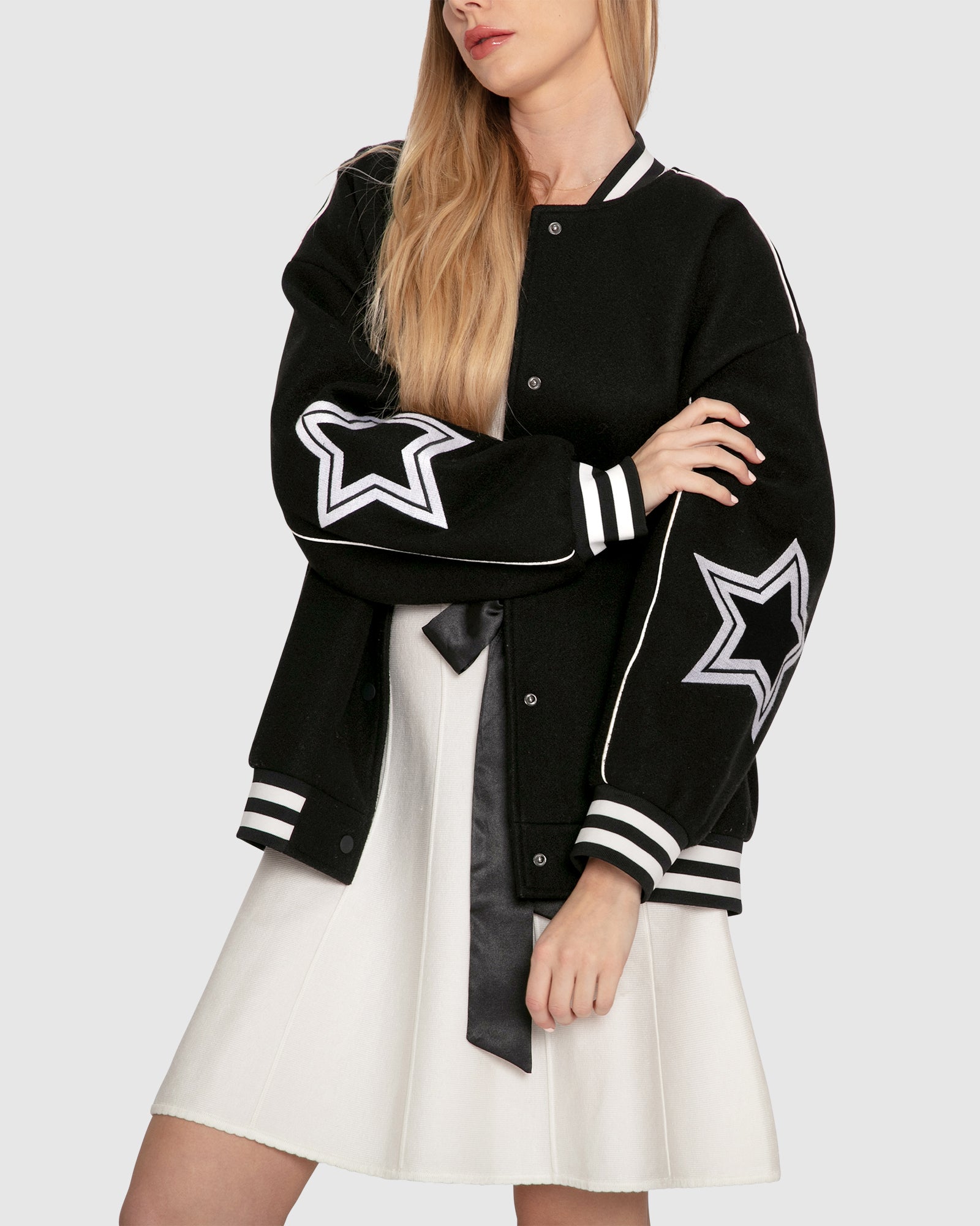 Women | Hold Me Close Letterman Bomber | Black