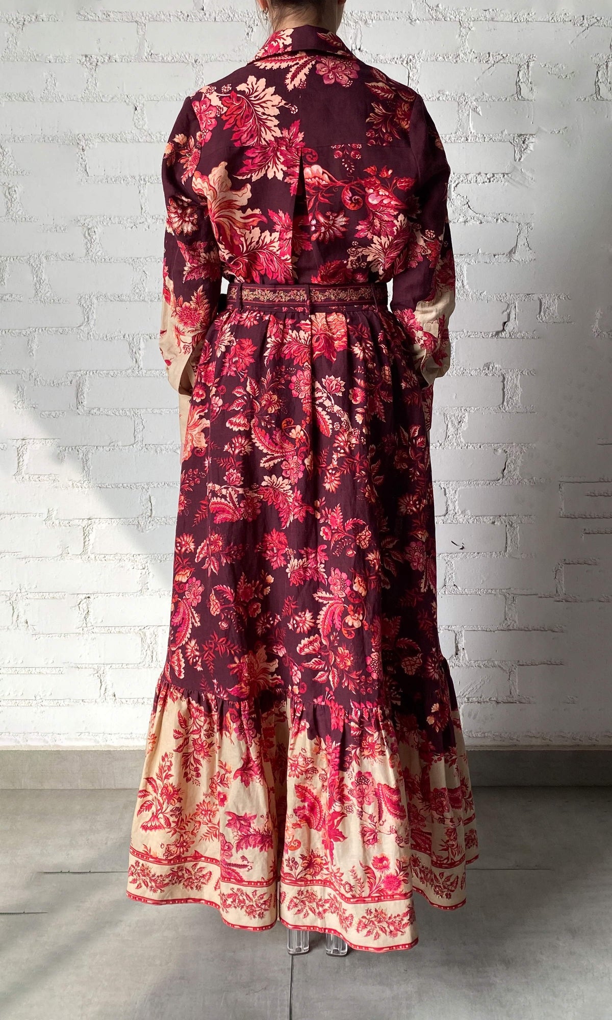 Hemant And Nandita | Aafa Linen Cotton Long Skirt | Red/Beige