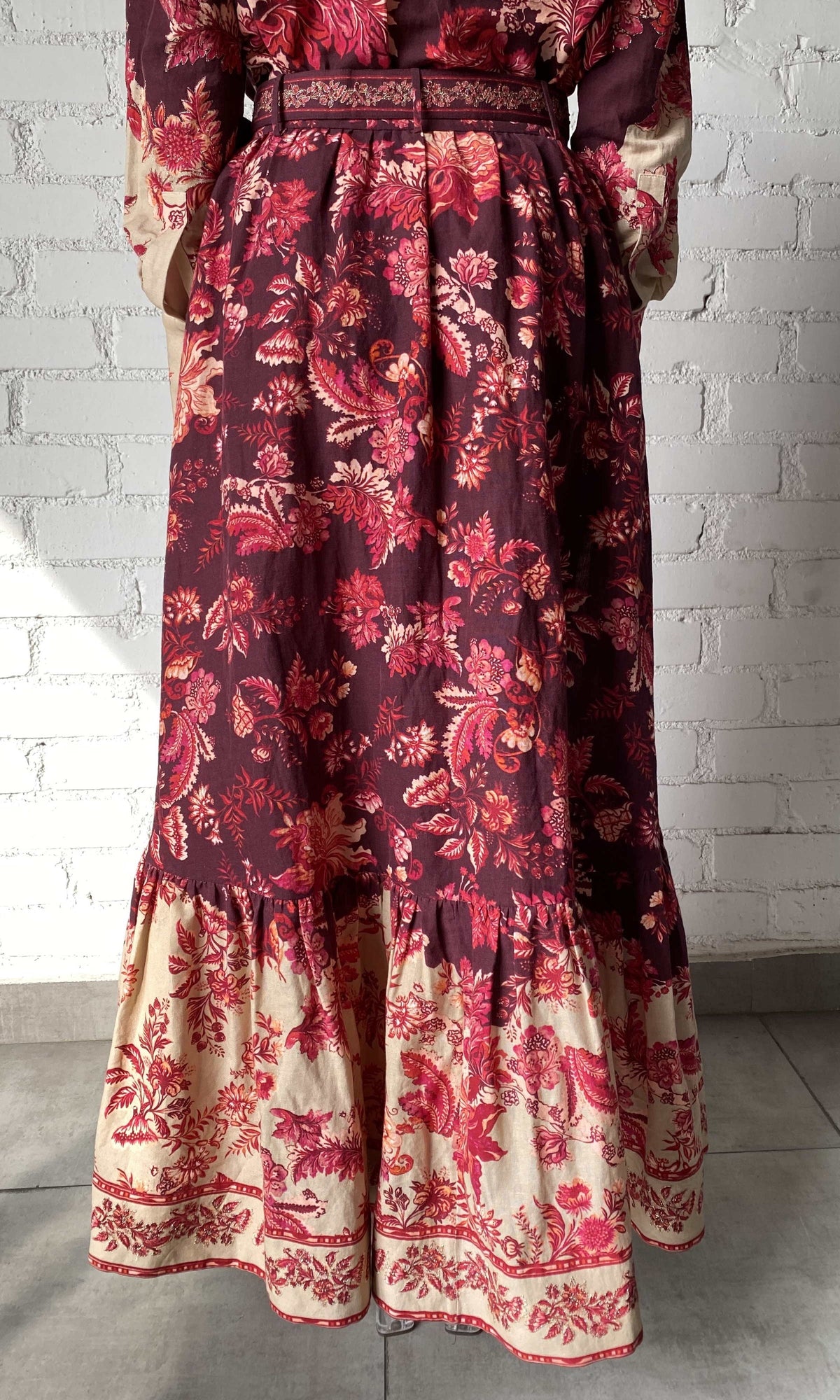 Hemant And Nandita | Aafa Linen Cotton Long Skirt | Red/Beige