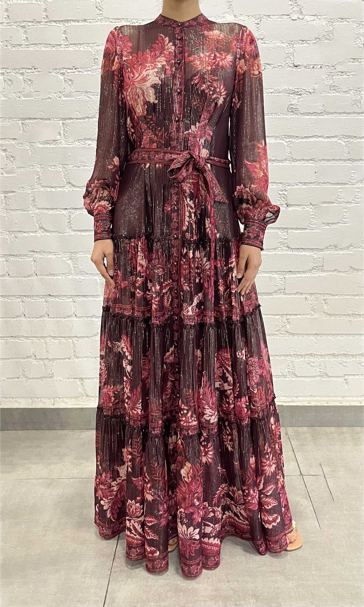 Womens | Aafa Viscose Georgette Stripe Lurex Long Shirt Dress With Tie Up Belt And Slip | Burgundy
