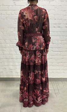 Womens | Aafa Viscose Georgette Stripe Lurex Long Shirt Dress With Tie Up Belt And Slip | Burgundy