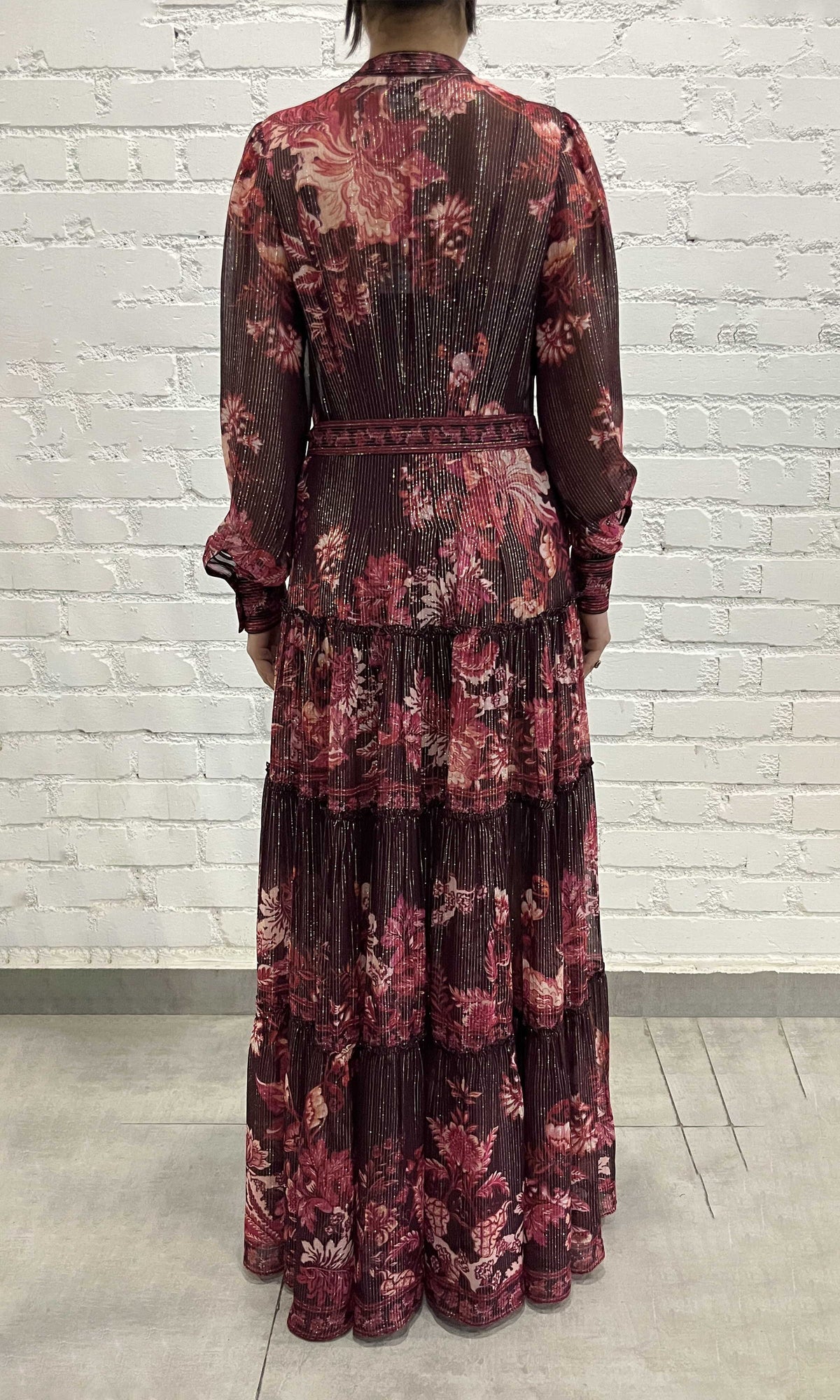 Womens | Aafa Viscose Georgette Stripe Lurex Long Shirt Dress With Tie Up Belt And Slip | Burgundy