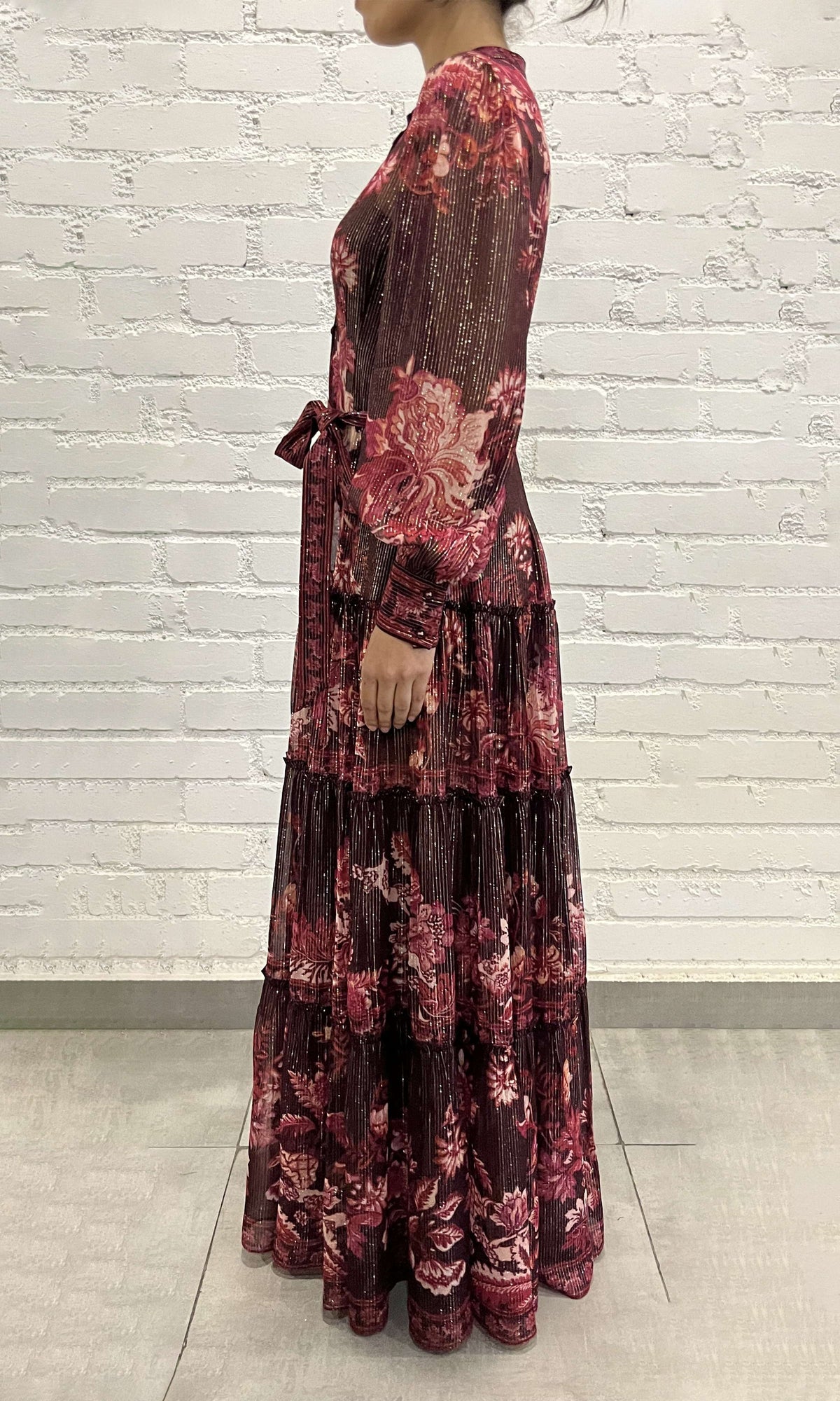 Womens | Aafa Viscose Georgette Stripe Lurex Long Shirt Dress With Tie Up Belt And Slip | Burgundy