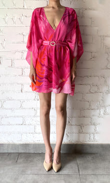 Womens | Abira Viscose Crepe Flat Chiffon Short Kaftan With Belt | Pink