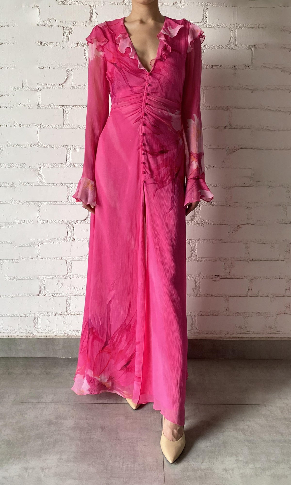 Womens | Abira Viscose Crinkle Chiffon Long Dress | Pink